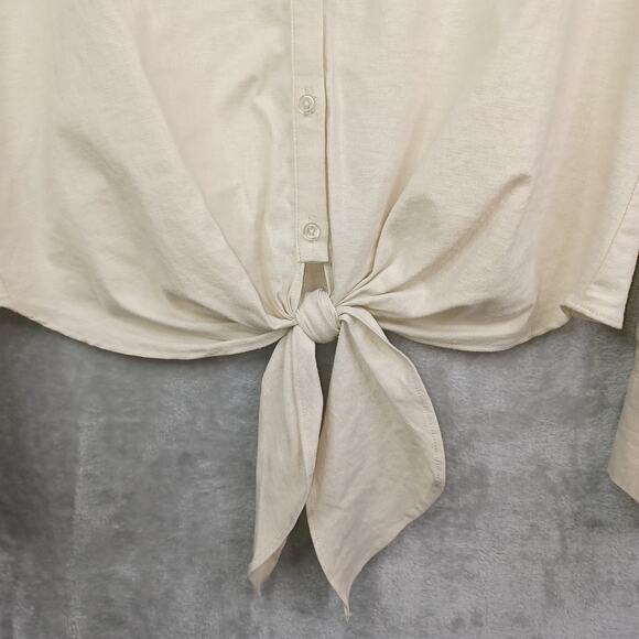 Preston & York Linen Blend Blouse Women M Beige Button Tie Front Capsule Long Sl - Picture 7 of 13